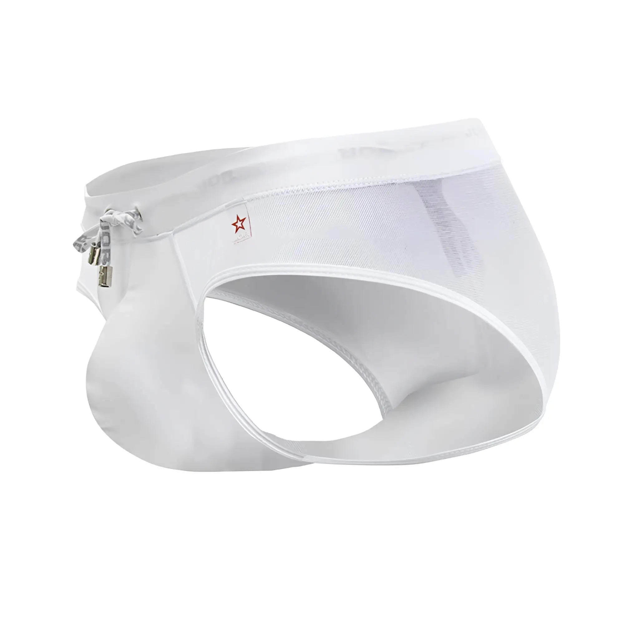 White mesh jor 2193 mystic swim briefs with a side zipper and small red star logo for swimwear use