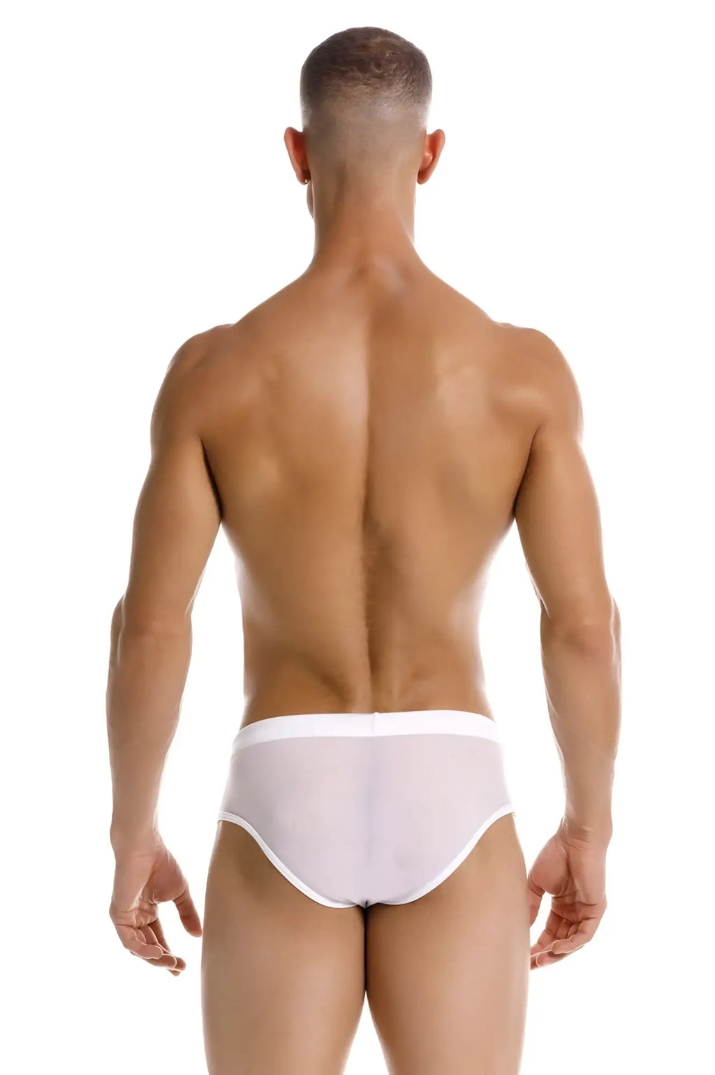 White sheer briefs with a solid white waistband from jor 2193 mystic swim briefs color white, front view
