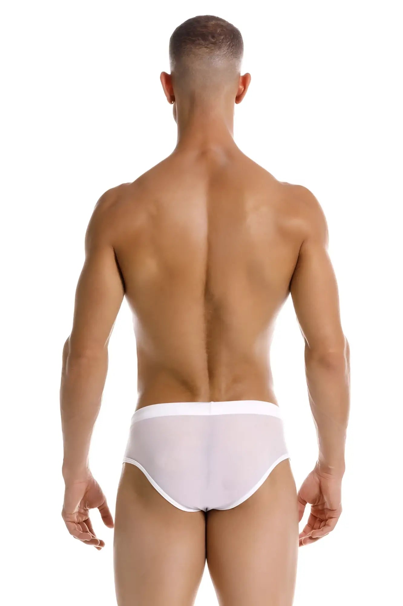 White sheer briefs with a solid white waistband from jor 2193 mystic swim briefs color white, front view