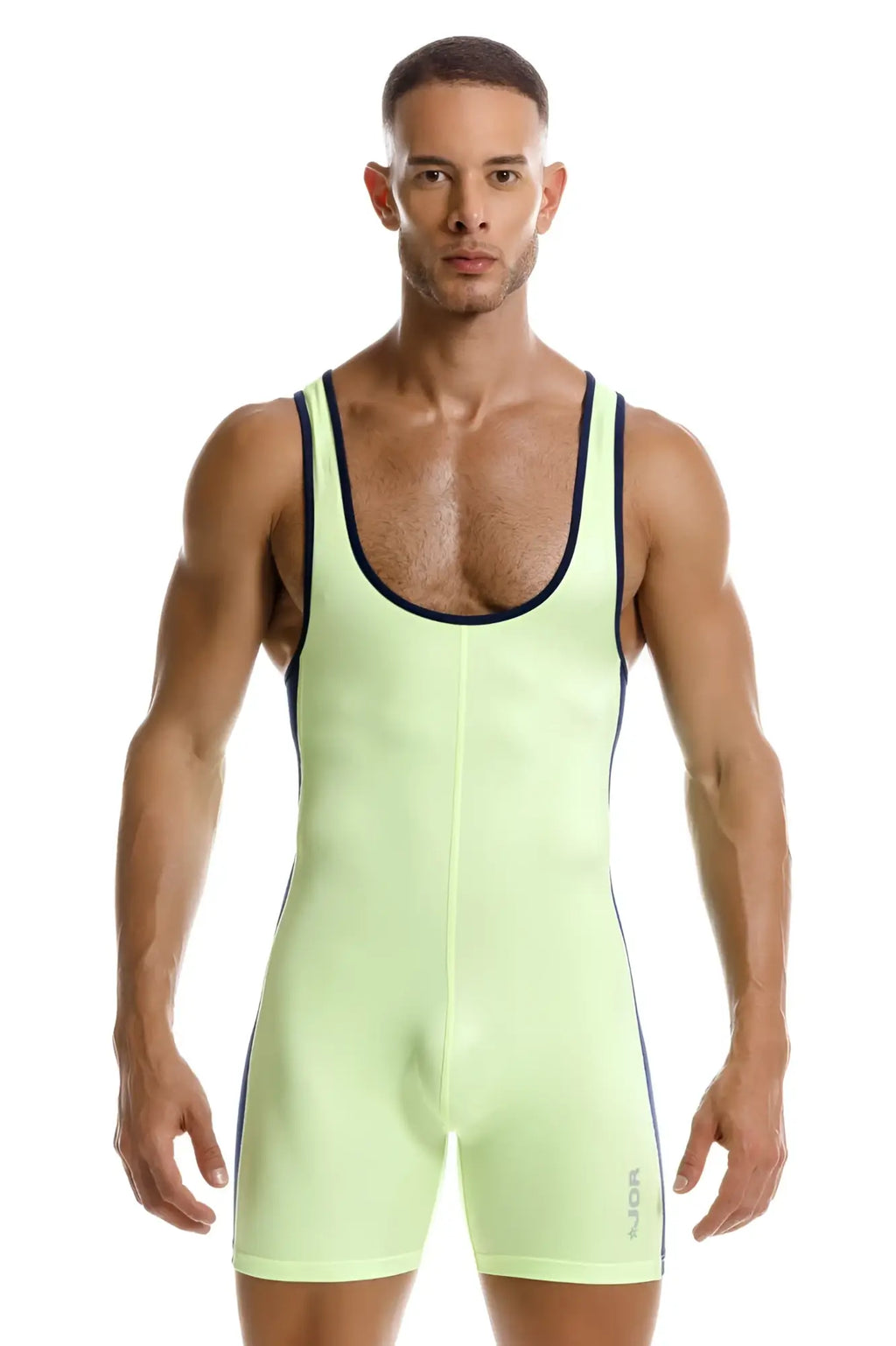 Neon green jor 2216 fighter bodysuit wrestling singlet with black trim along neckline and sides for combat sports