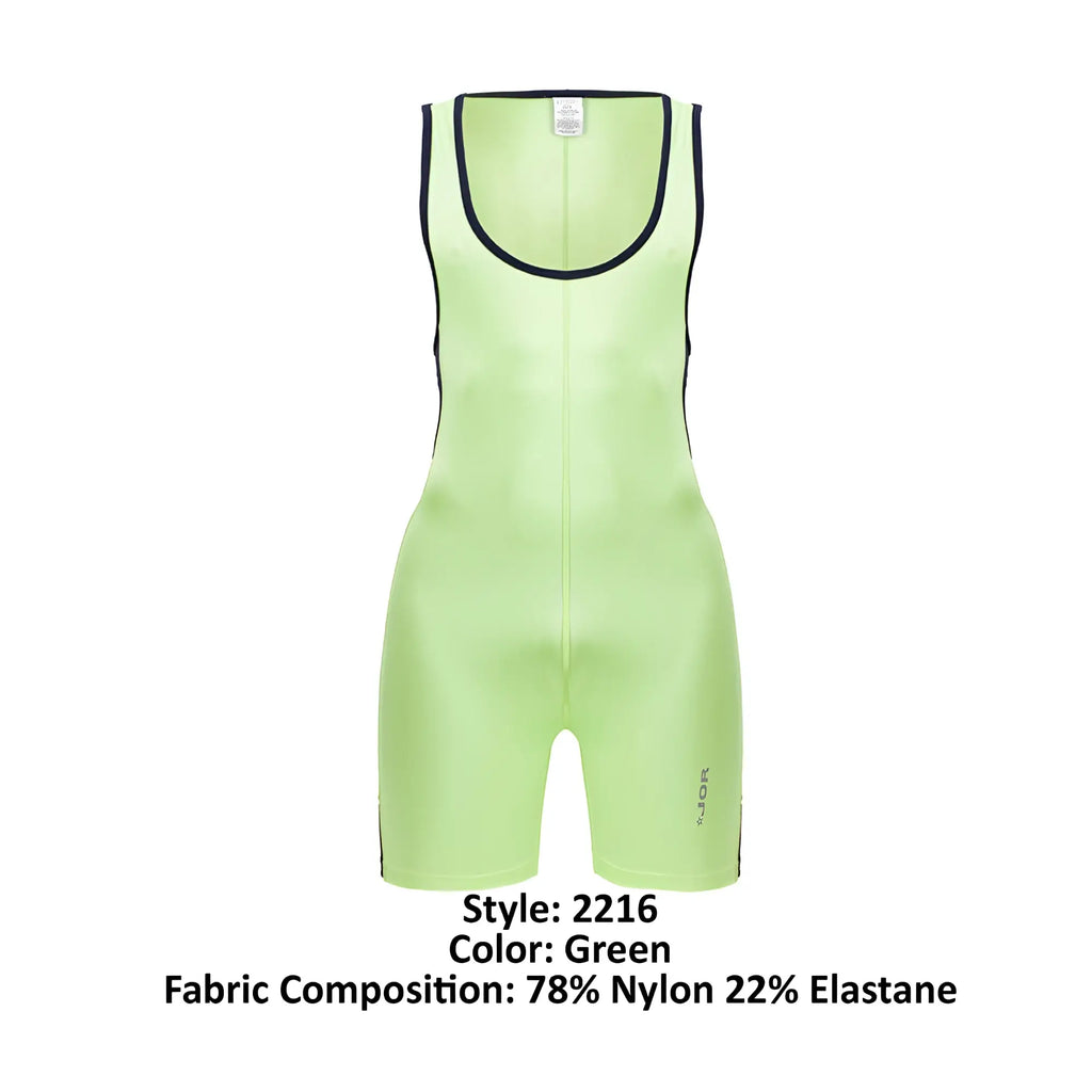 Neon green sleeveless JOR 2216 fighter bodysuit with black trim along neckline and side seams for athletic use