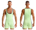 A sleek neon green jor 2216 fighter bodysuit wrestling singlet with black trim along neckline and sides