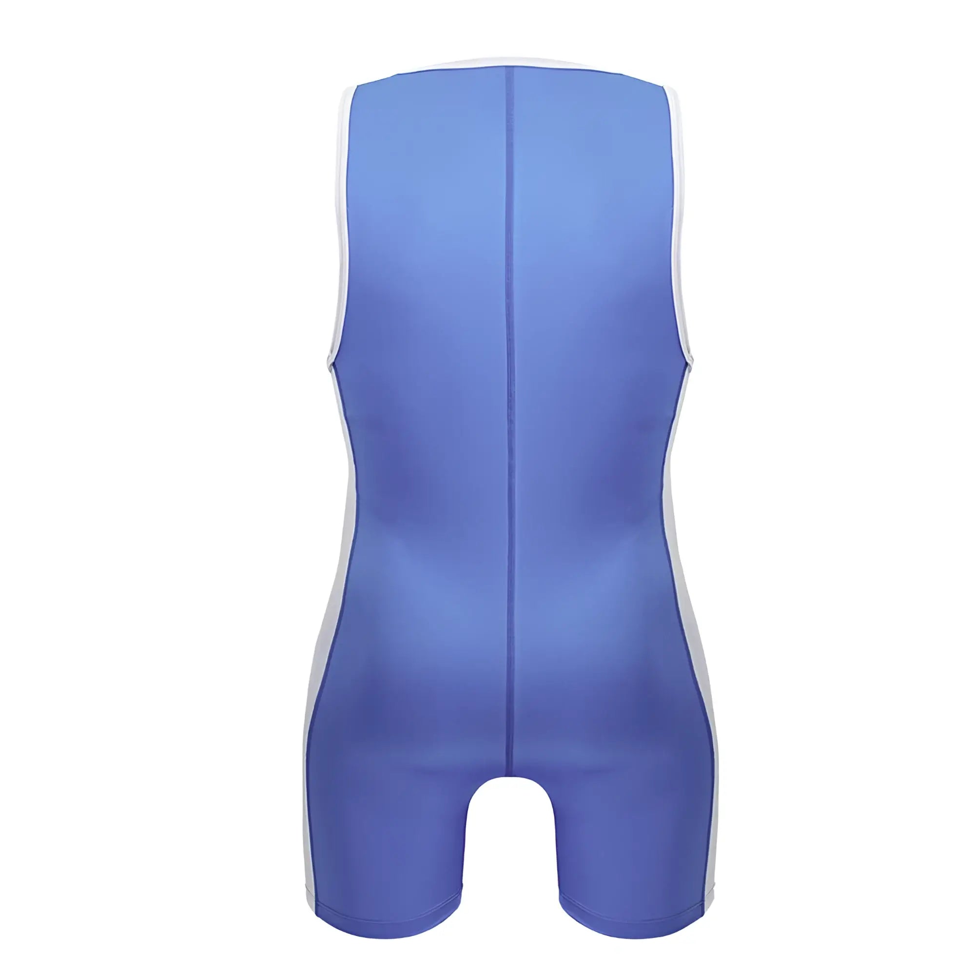 Back view of jor 2216 fighter bodysuit turquoise blue and white sleeveless athletic design with central back seam