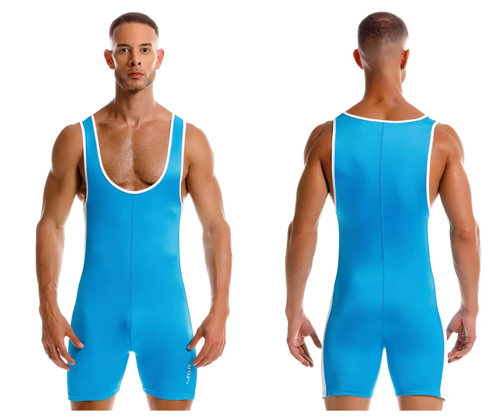 Bright blue JOR 2216 fighter bodysuit wrestling singlet with white trim along neckline and armholes in turquoise color