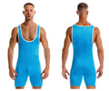 Bright blue JOR 2216 fighter bodysuit wrestling singlet with white trim along neckline and armholes in turquoise color
