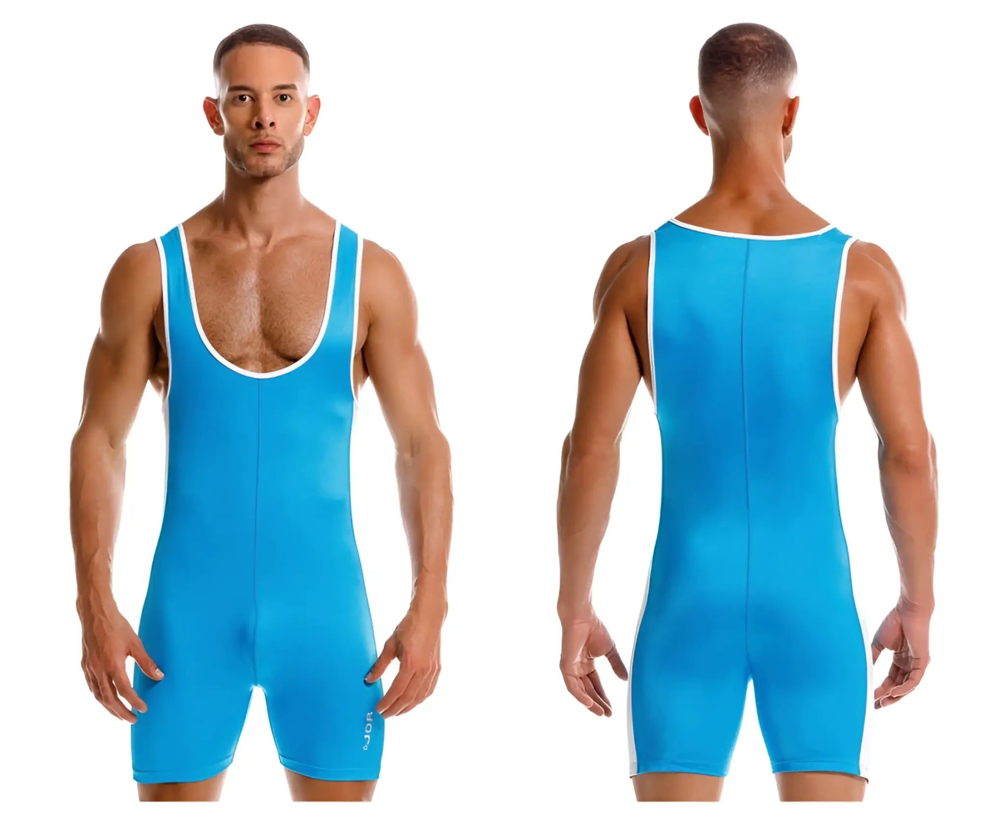 Bright blue JOR 2216 fighter bodysuit wrestling singlet with white trim along neckline and armholes in turquoise color