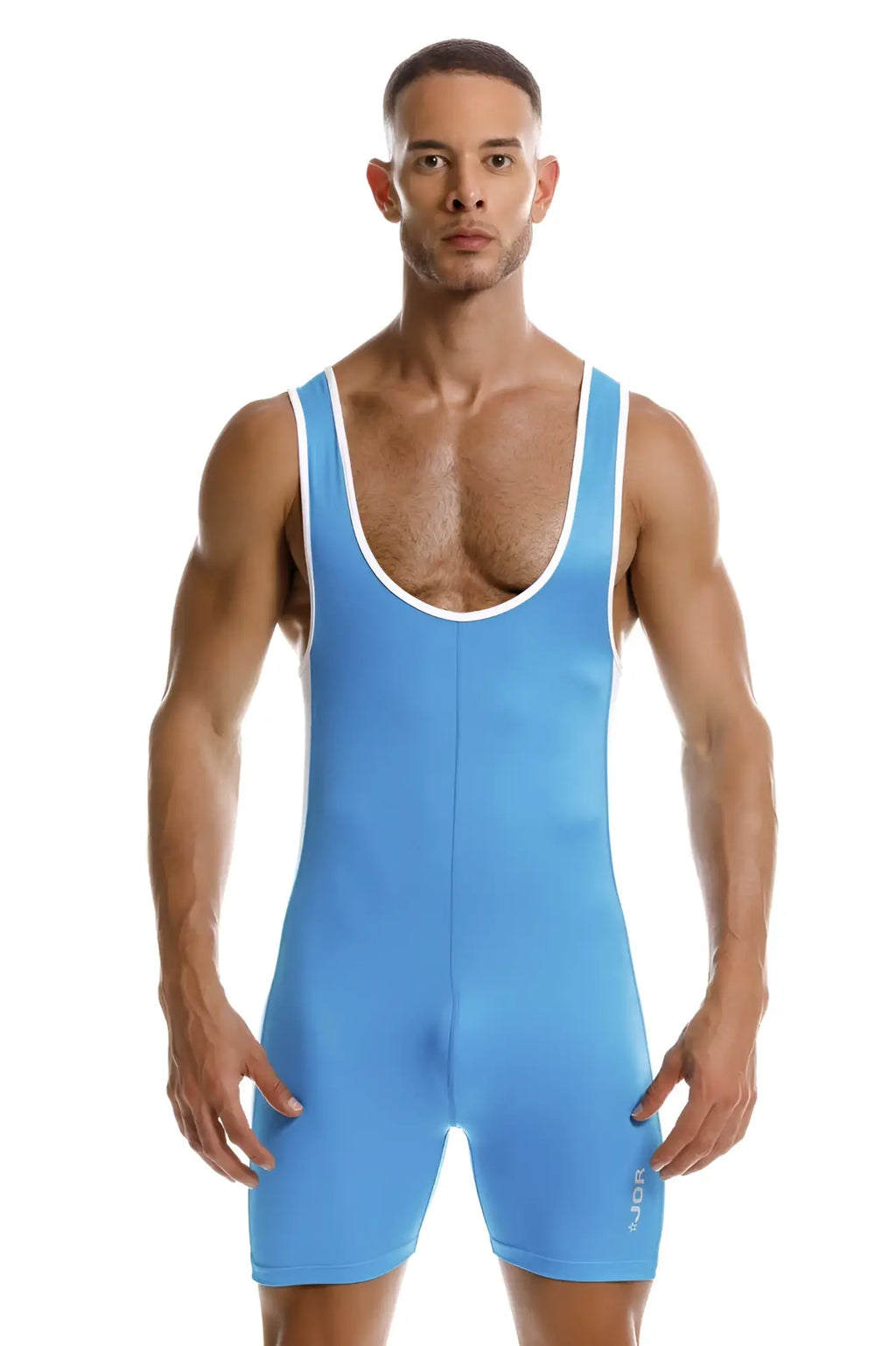 Light blue wrestling singlet with white trim and subtle brand logo on lower leg for wrestling use
