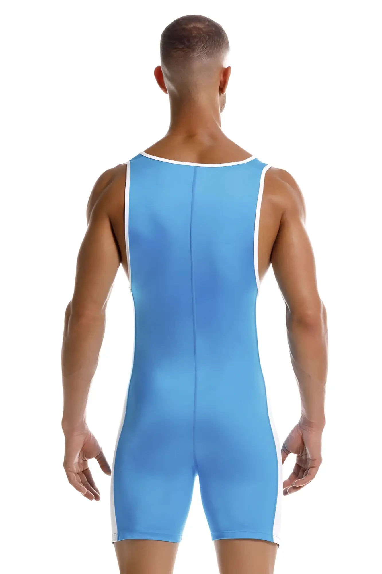 A sleek light blue jor 2216 fighter bodysuit athletic singlet with white trim on neckline and sides