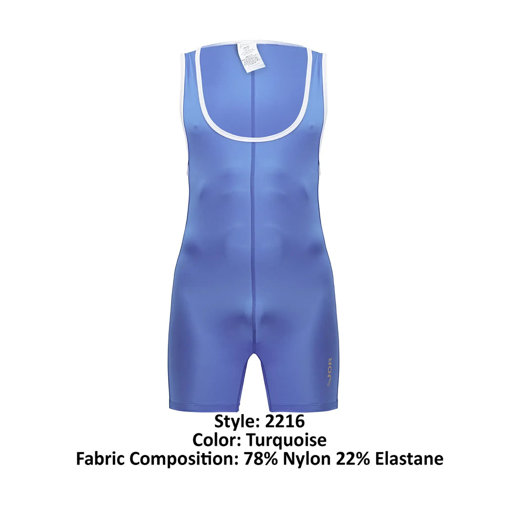 Turquoise sleeveless wrestling singlet with white trim and front zipper made from 78 nylon and 22 elastane