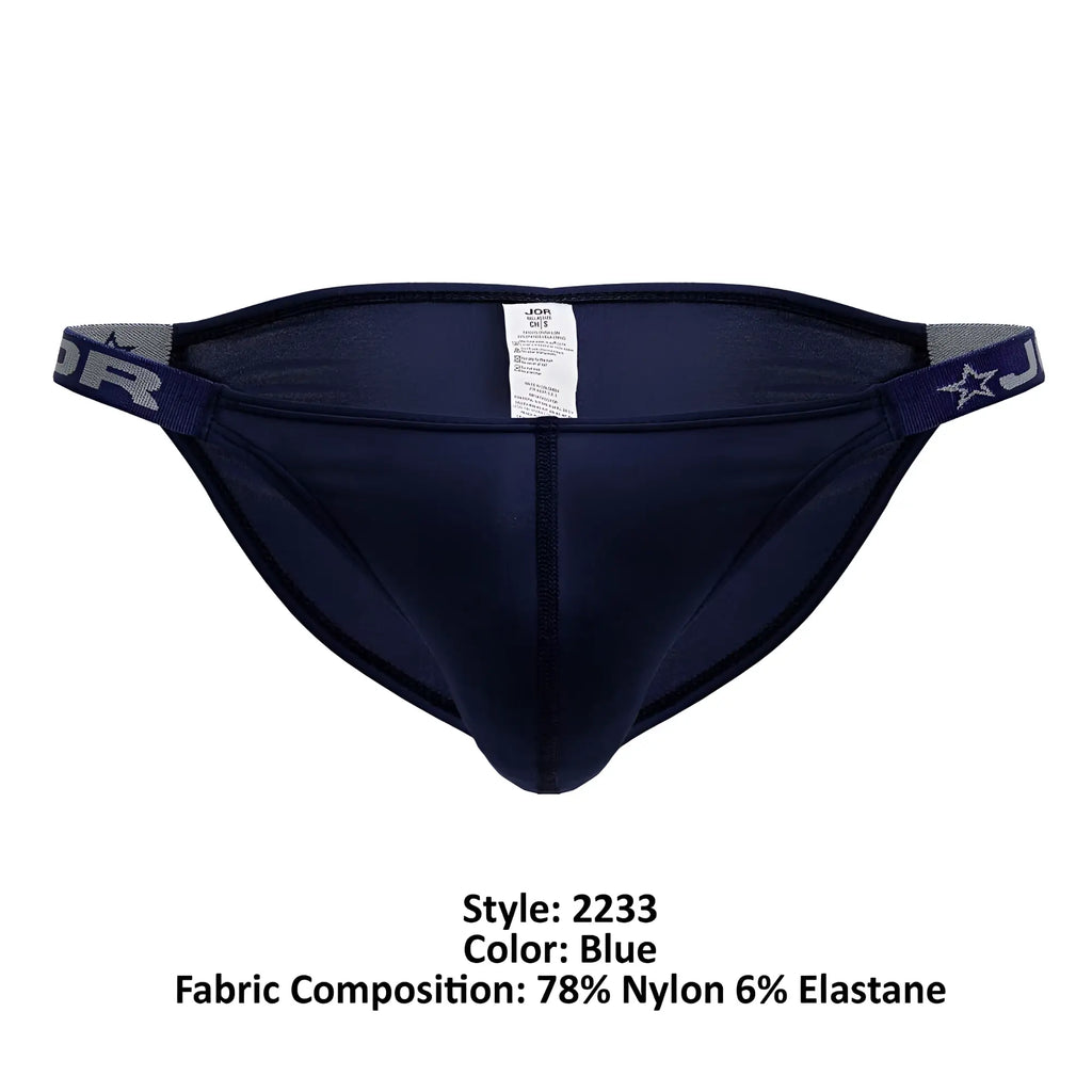Navy blue JOR 2233 Eros bikini men’s briefs with elastic waistband featuring star logo and brand lettering