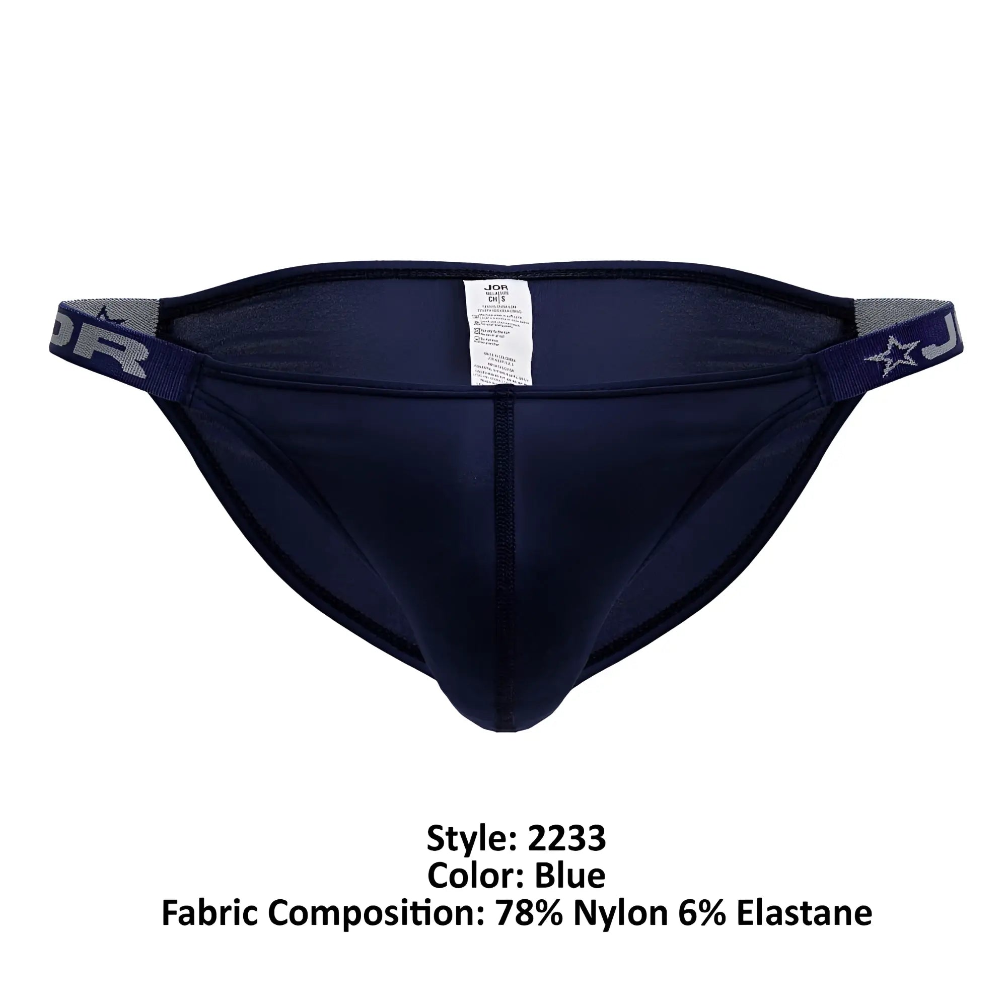 Navy blue JOR 2233 Eros bikini men’s briefs with elastic waistband featuring star logo and brand lettering