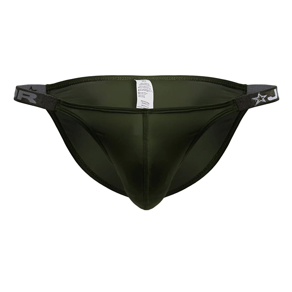 Dark olive green jor 2233 eros bikini athletic briefs with elastic waistband featuring white star and j logo