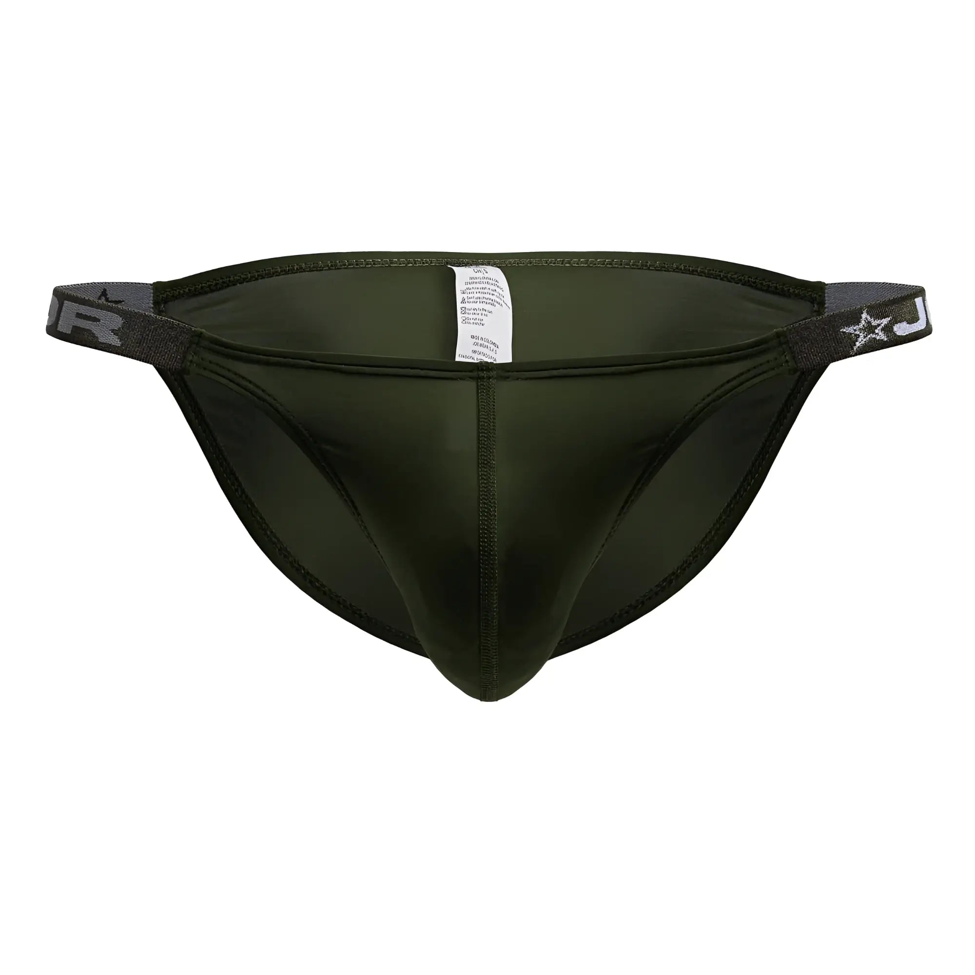 Dark olive green jor 2233 eros bikini athletic briefs with elastic waistband featuring white star and j logo