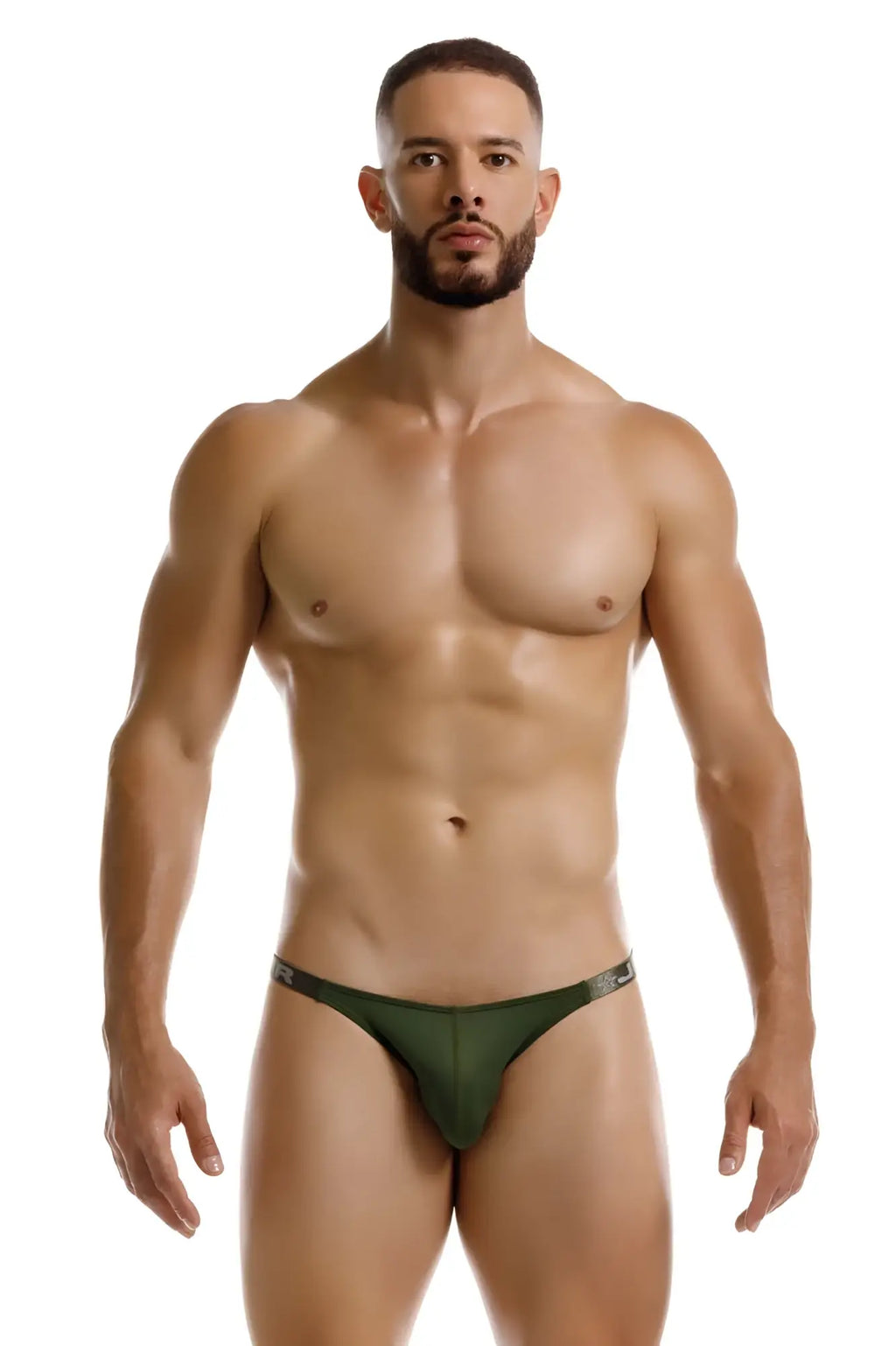 Dark green jor 2233 eros bikini thong with form-fitting design and subtle logo band at waistband backside view