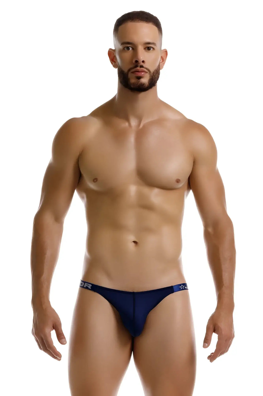 Navy blue JOR 2235 Eros thong briefs with a subtle logo on the waistband made from soft breathable fabric