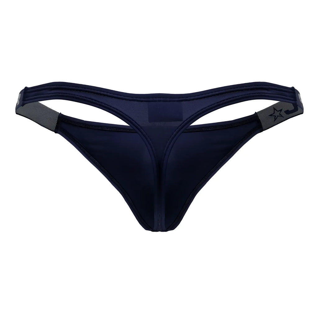 Navy blue JOR 2235 Eros thong with gray elastic straps and a star logo on the side showcasing the back view