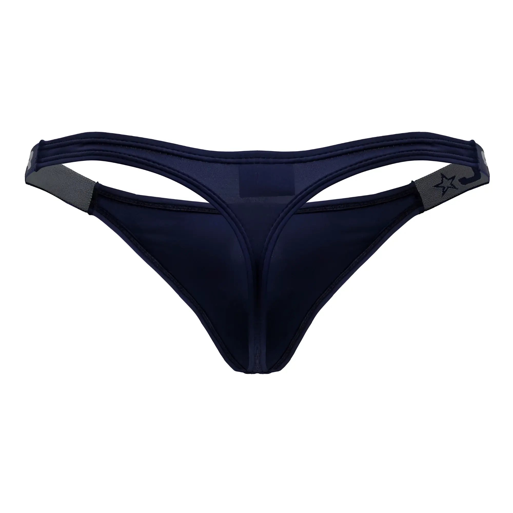 Navy blue JOR 2235 Eros thong with gray elastic straps and a star logo on the side showcasing the back view