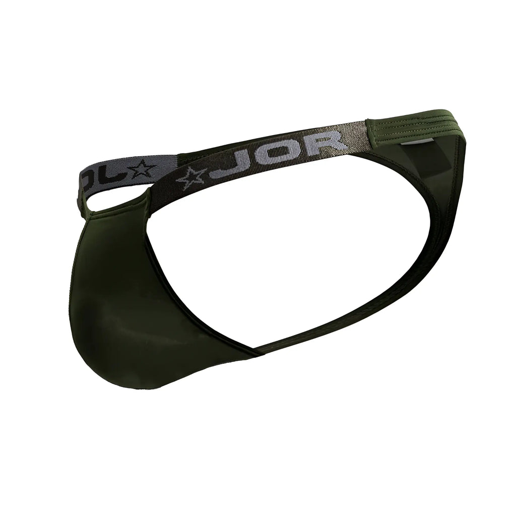 Dark olive green jor 2235 eros thongs with gray elastic waistband featuring jor logo and star emblem