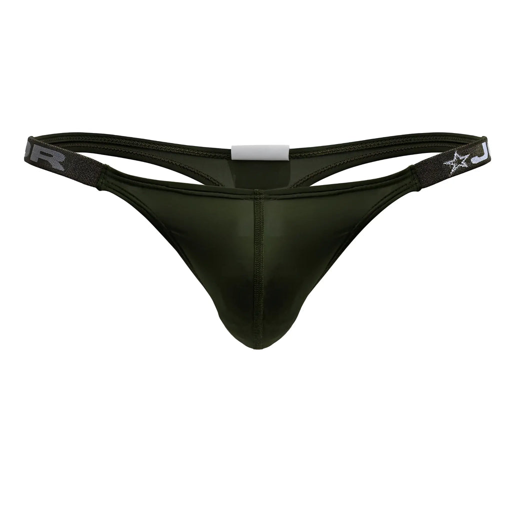 Dark olive green sleek form-fitting jor 2235 eros thong with subtle sheen shown from the back side