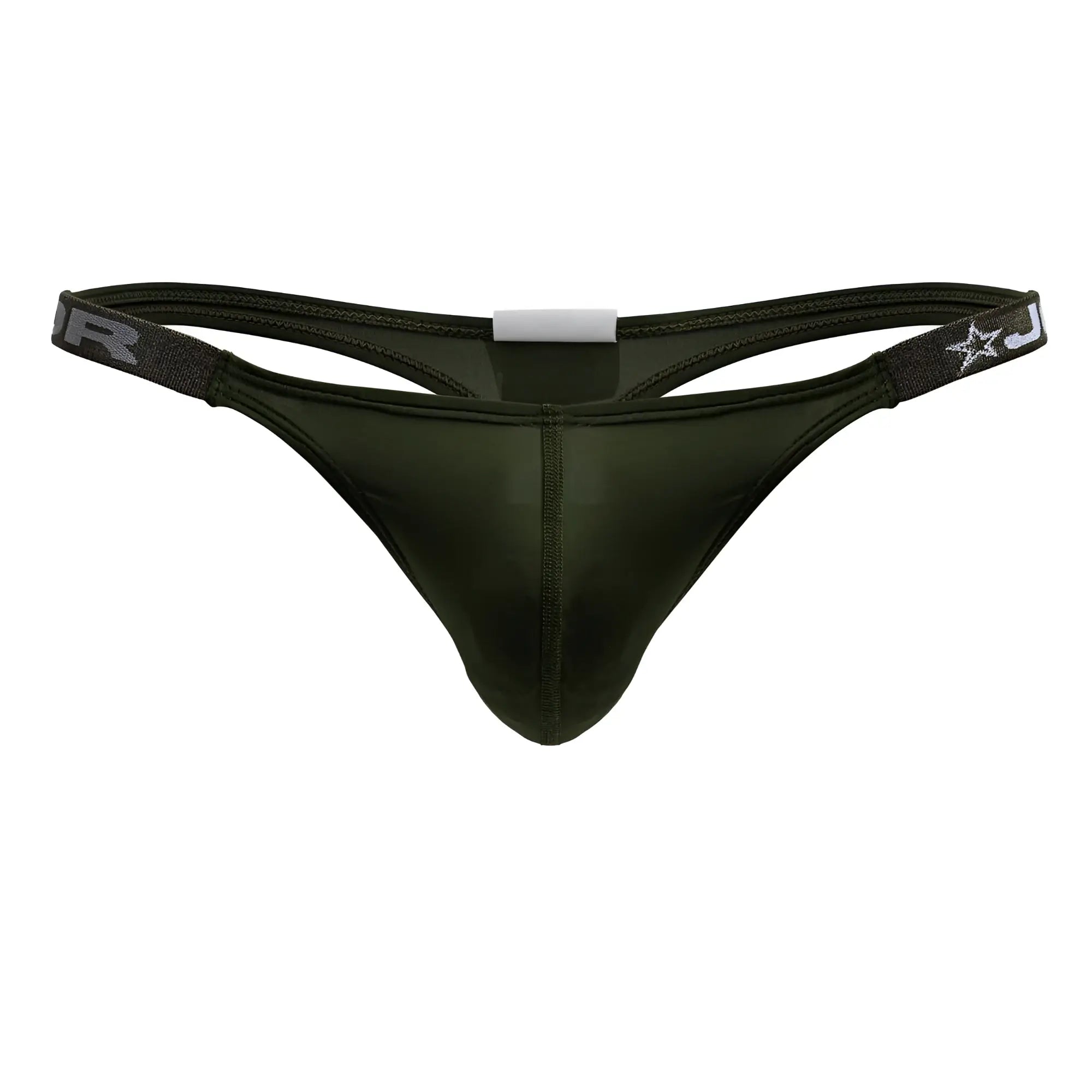 Dark olive green sleek form-fitting jor 2235 eros thong with subtle sheen shown from the back side