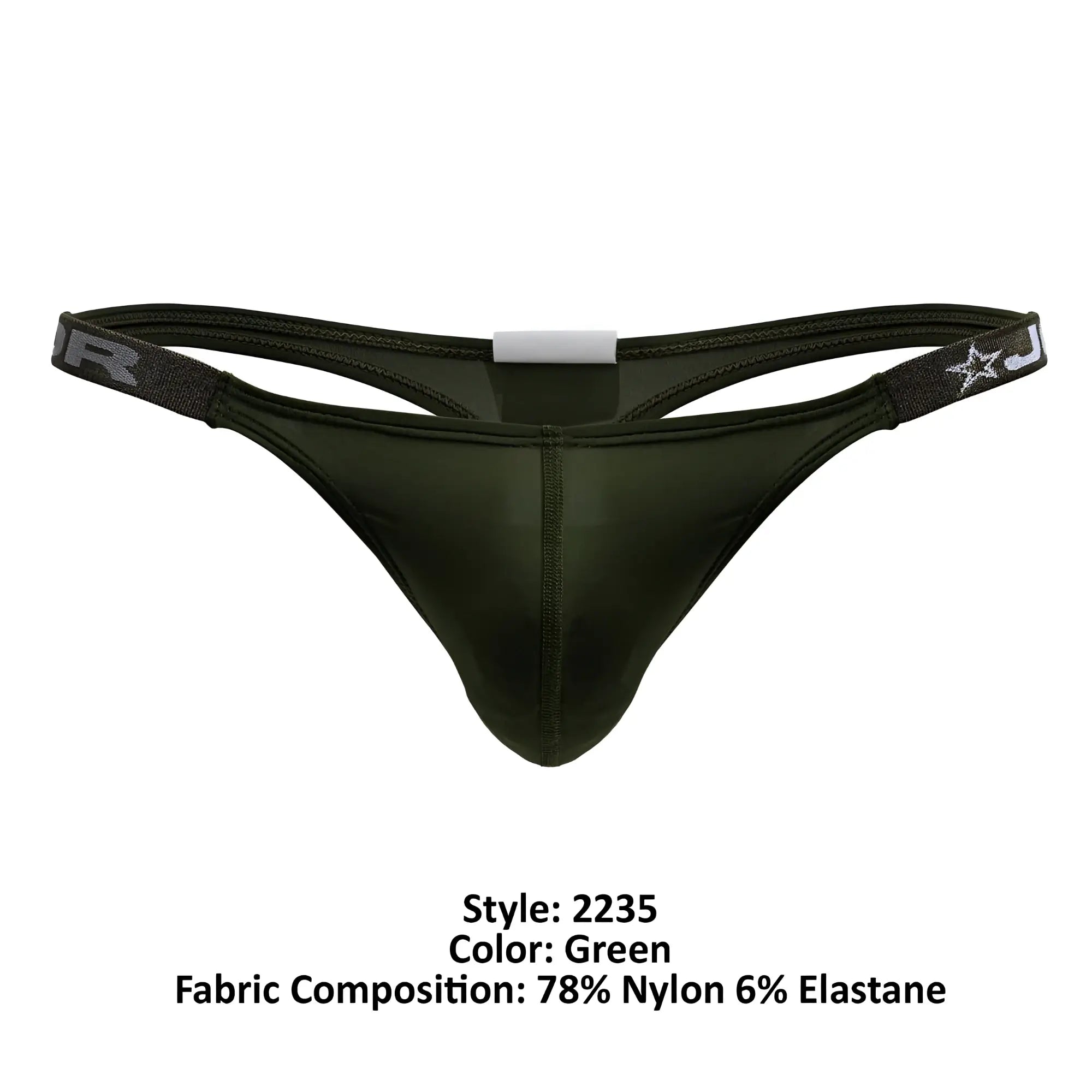 Dark green eros thong made of nylon and elastane with branded elastic waistband featuring a star logo back view