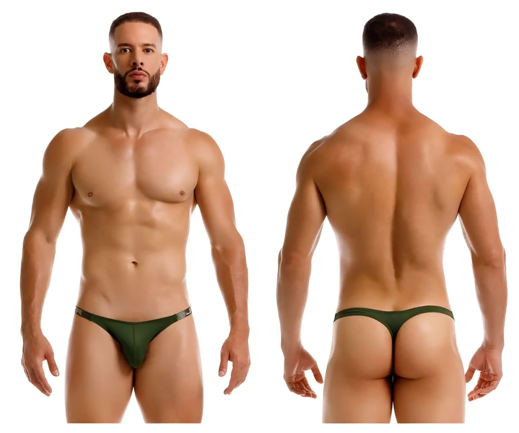 Dark green JOR 2235 Eros thong with subtle metallic trim on waistband shown from the back side