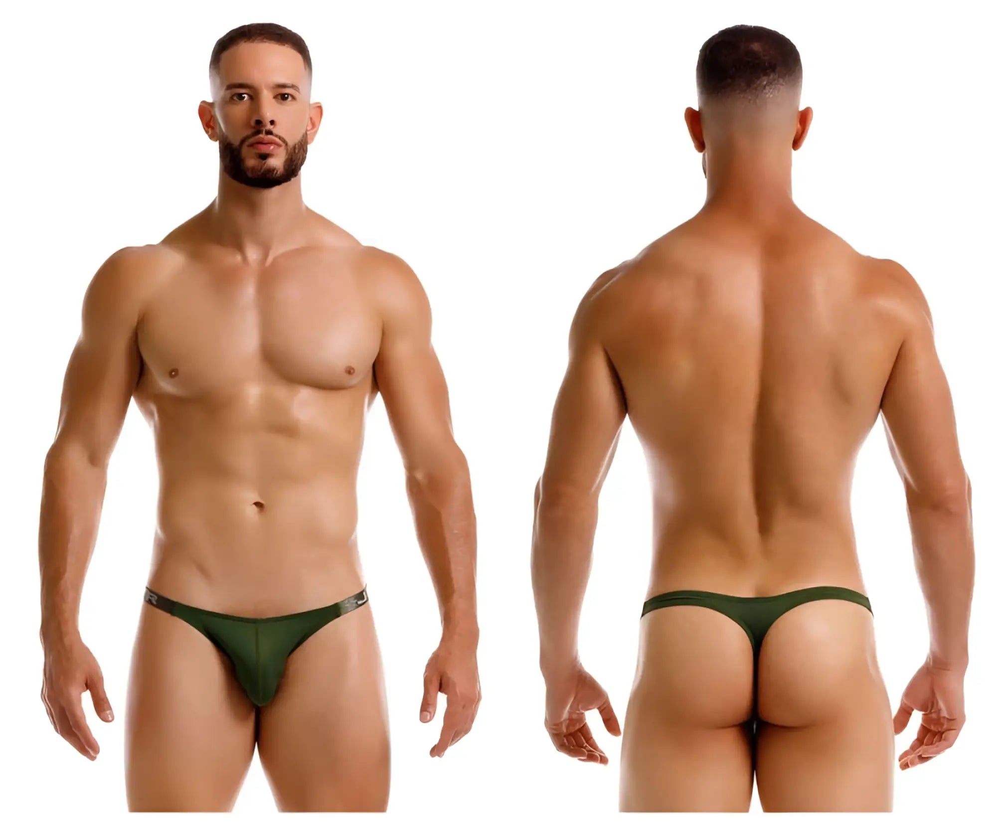 Dark green JOR 2235 Eros thong with subtle metallic trim on waistband shown from the back side