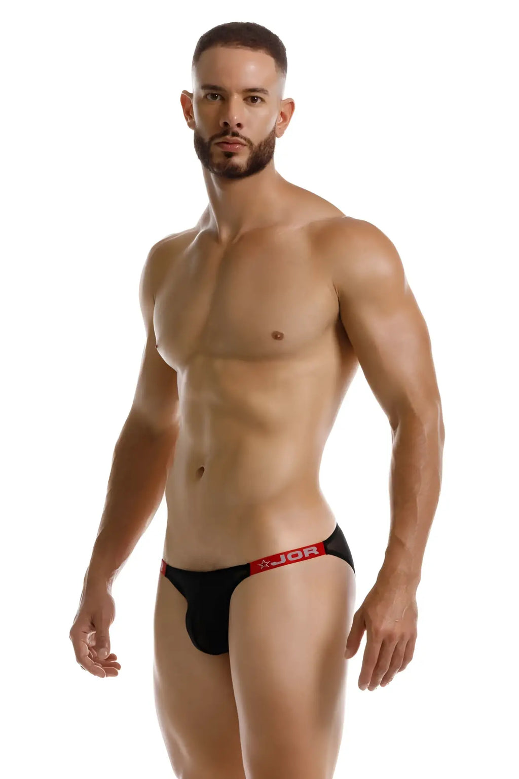 Black jor 2236 frost bikini briefs with red waistband featuring jor logo and star emblem in black color