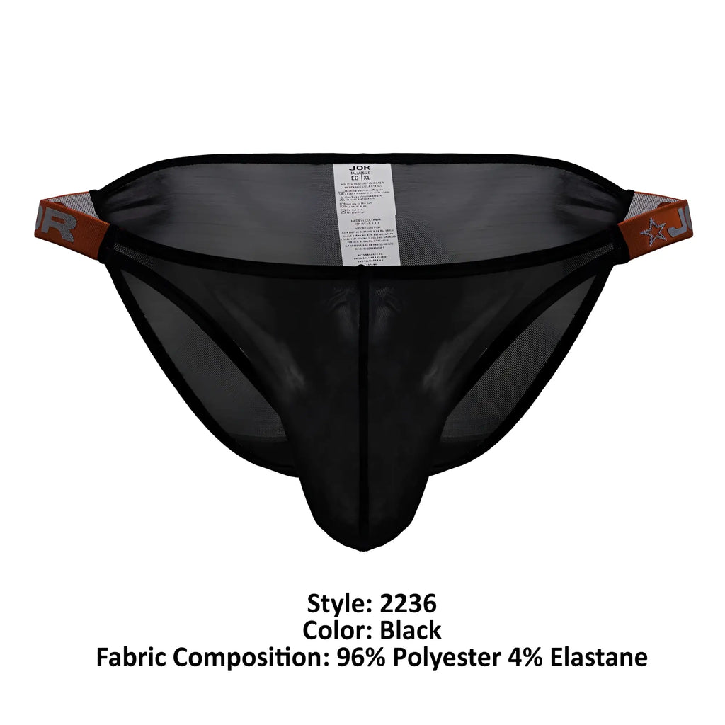 Black mesh thong with orange and gray branded side tabs from jor 2236 frost bikini in black color