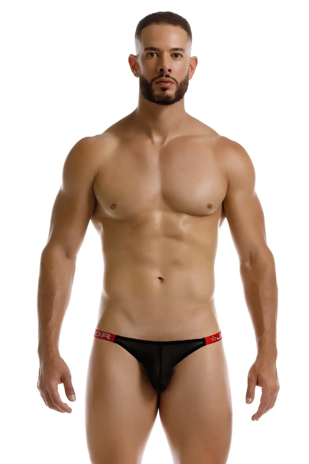 Black thong bikini with red trim and subtle logo on waistband jor 2236 frost bikini color black back view