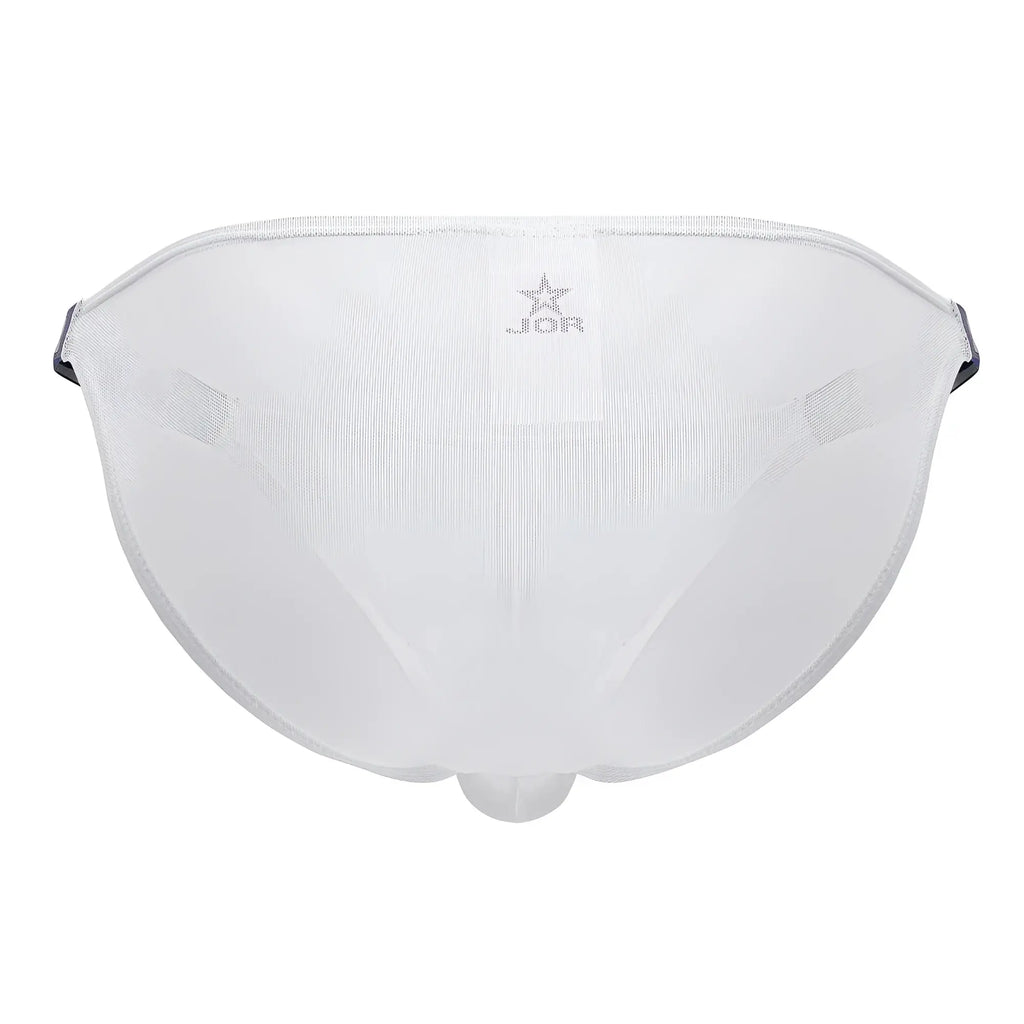 White mesh jor 2236 frost bikini briefs with black elastic side straps and subtle logo at center front