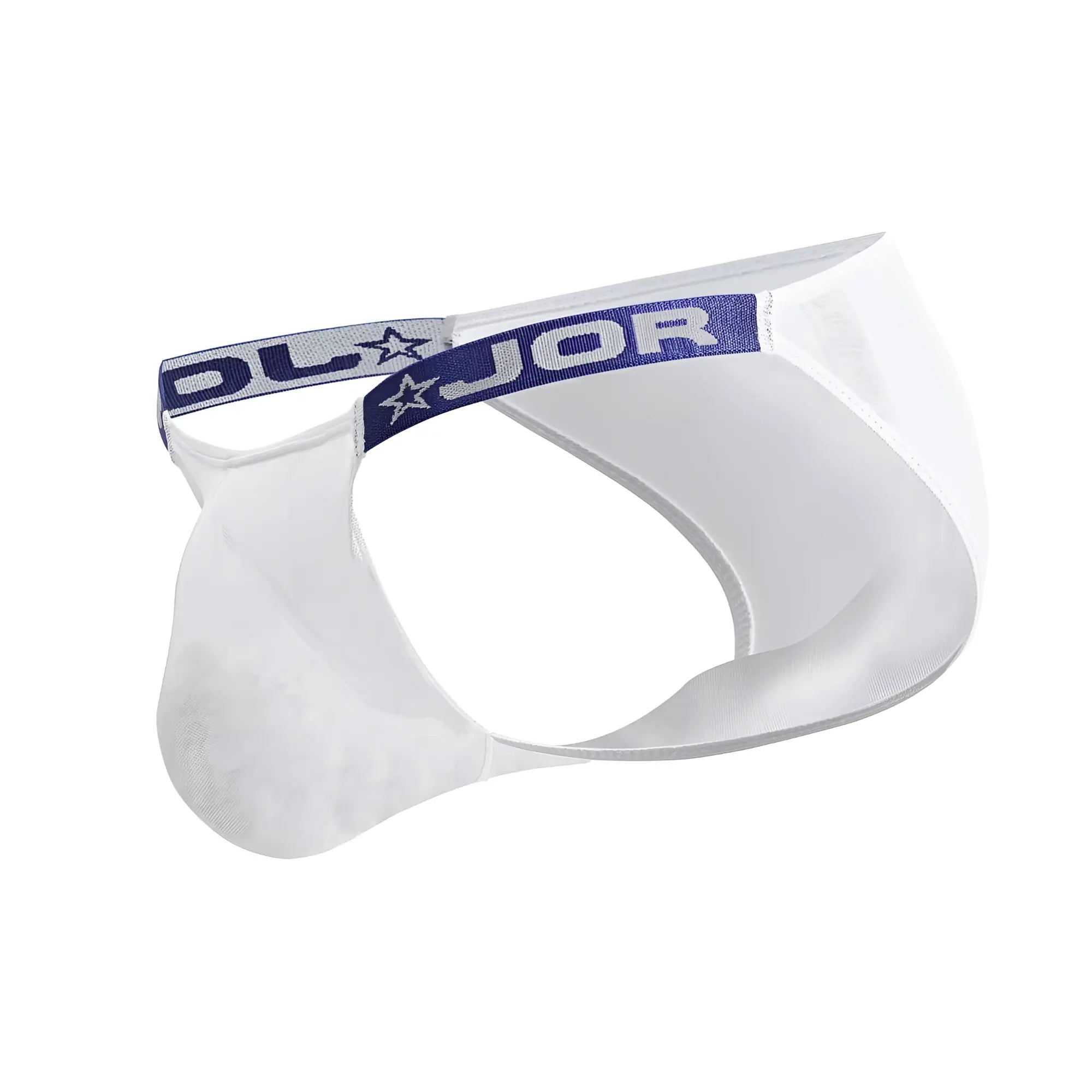 White mesh briefs with navy blue dljor logo elastic waistband featuring star design jor 2236 frost bikini color white