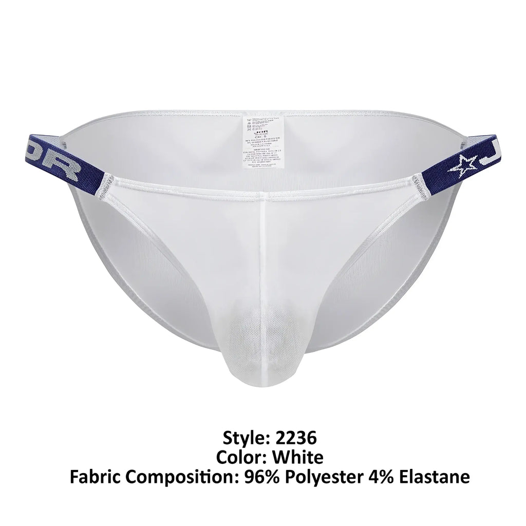 White mesh briefs with navy blue elastic waistband featuring star logo and jor branding in the front