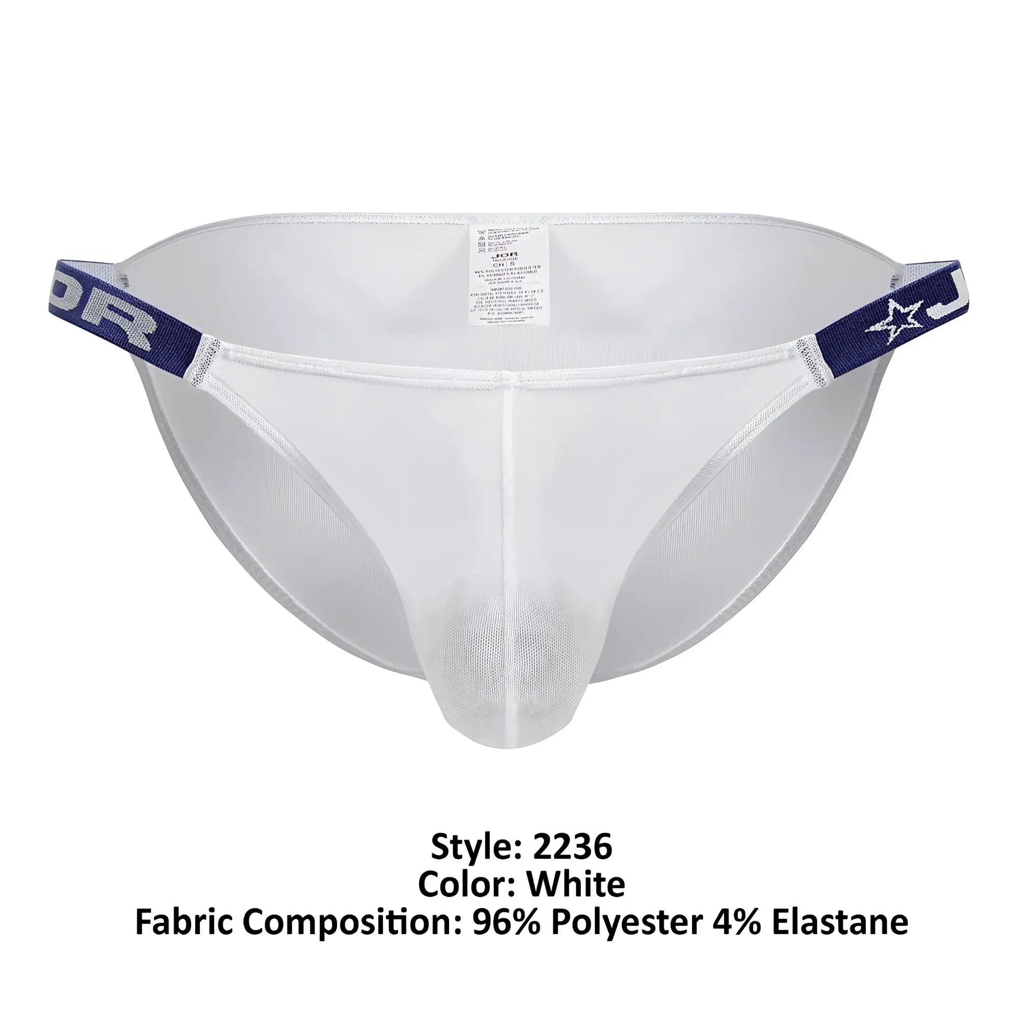 White mesh briefs with navy blue elastic waistband featuring star logo and jor branding in the front