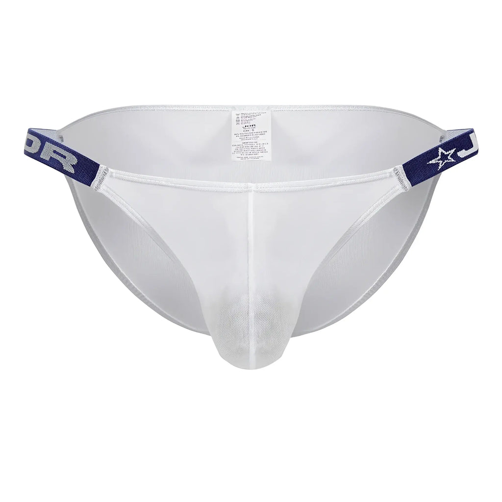 White mesh thong bikini with navy blue elastic waistband star and lettering design jor 2236 frost bikini color white