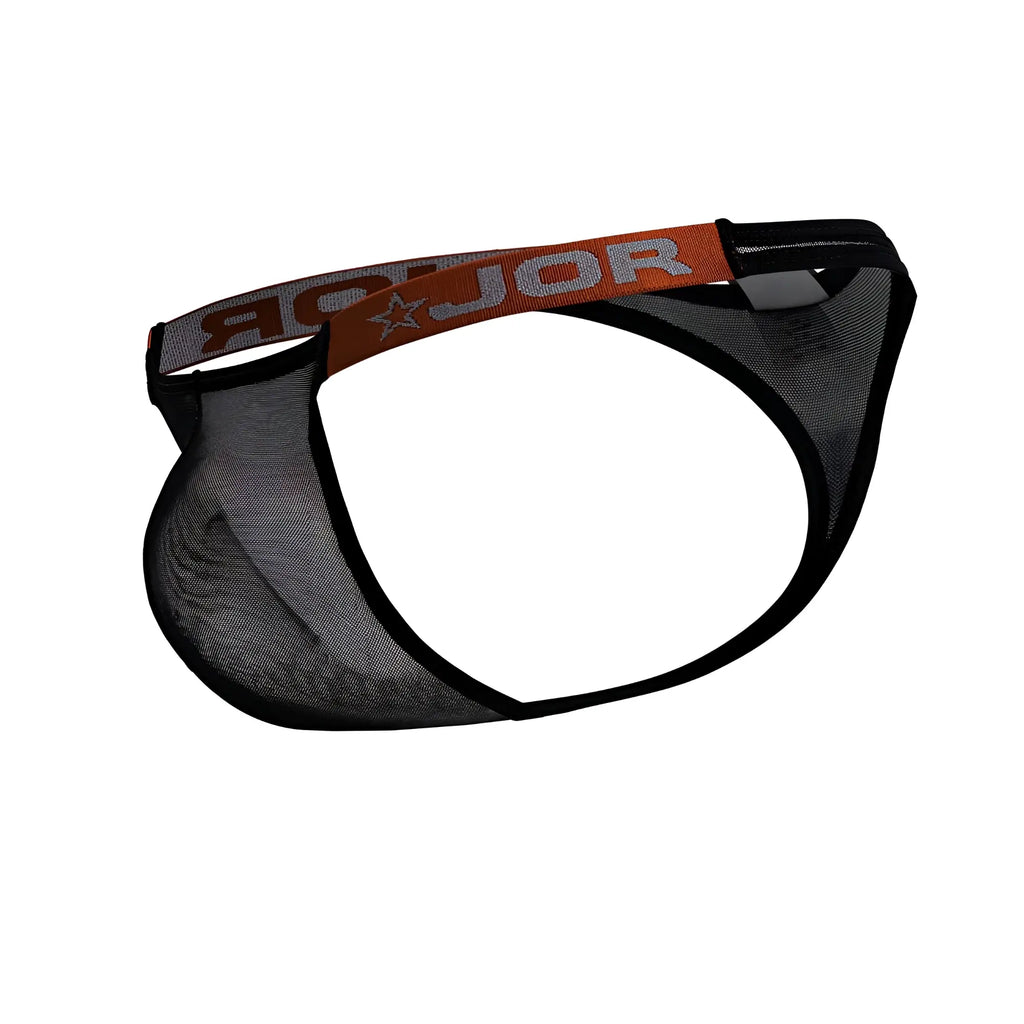 Black mesh brief with orange and gray jor waistband from the jor 2238 frost thongs collection in black color