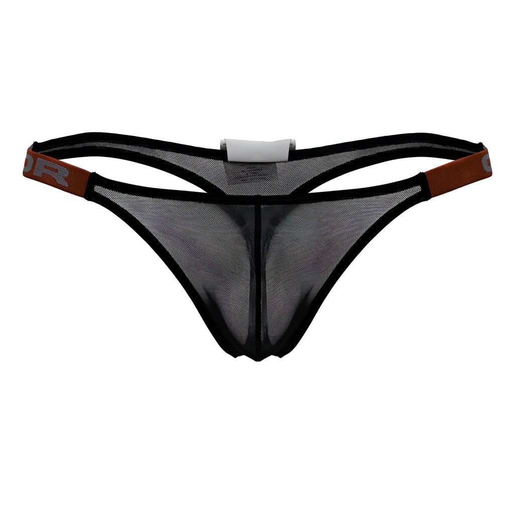 Black jor 2238 frost thong with brown elastic waistband black mesh material and black trim front view
