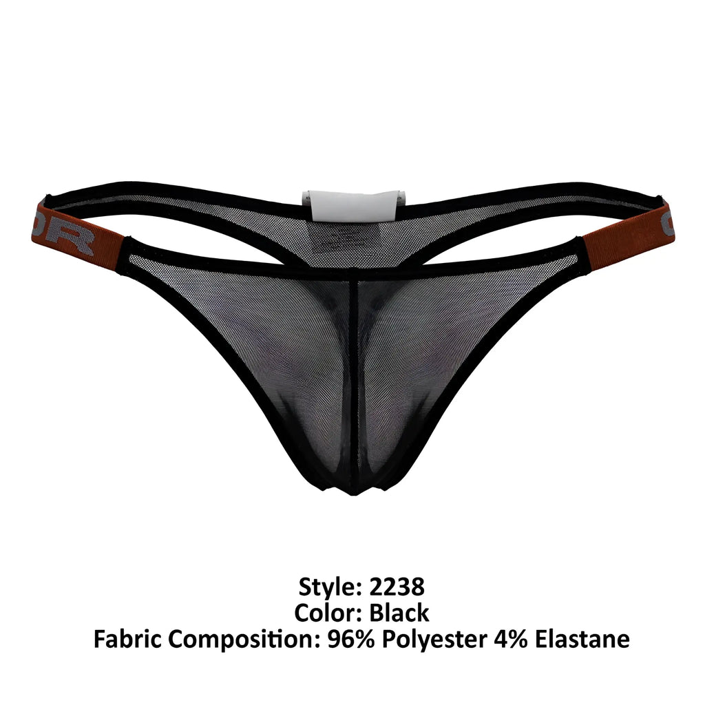 Black frost thong with mesh fabric black elastic trim brown side bands and gray JOR logo front view