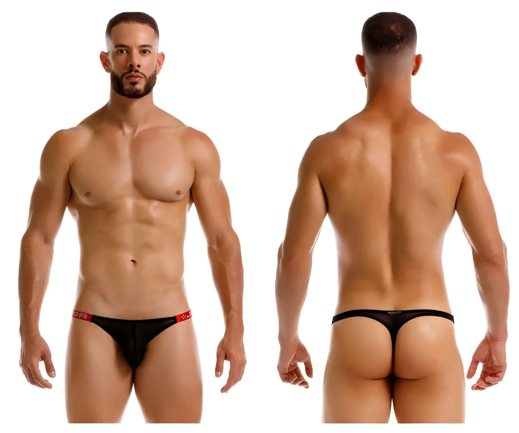 Black mesh thong with red trim and jor logo on waistband from jor 2238 frost thongs in black color