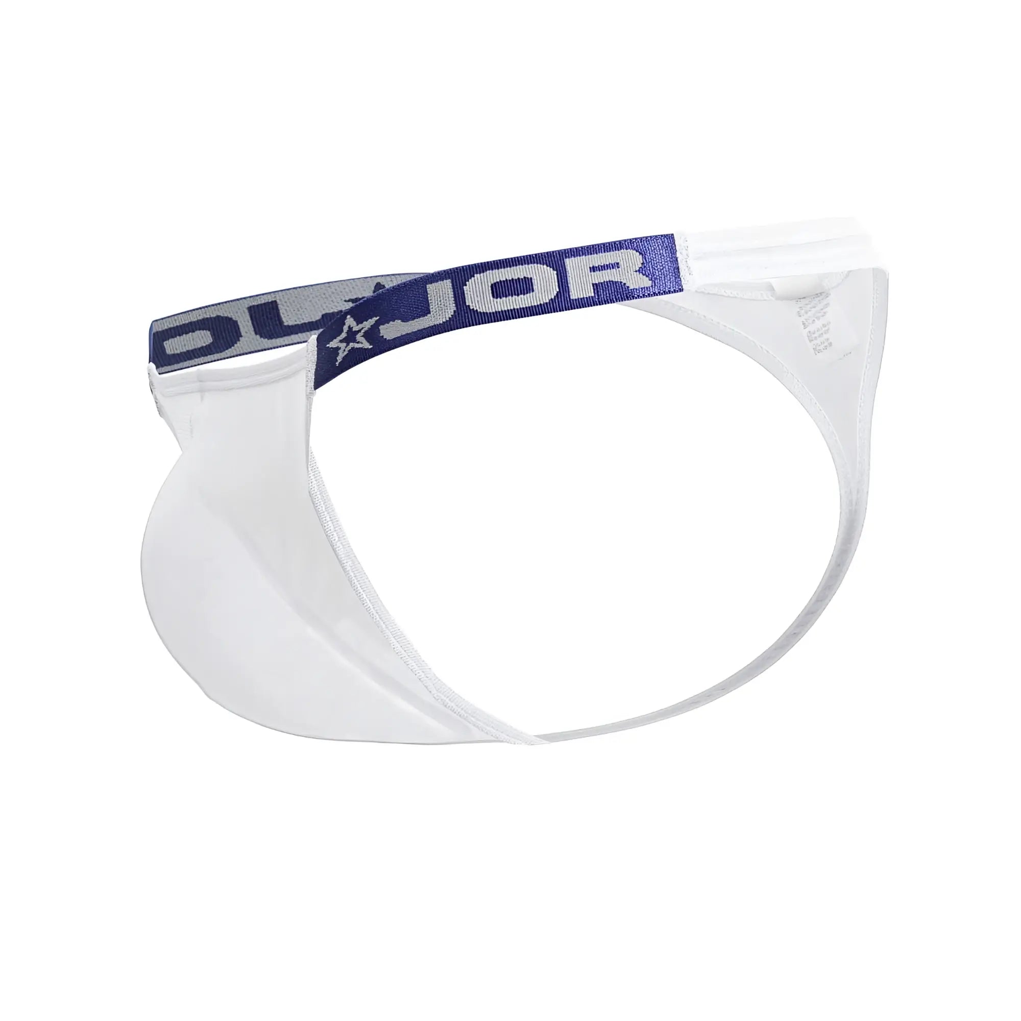 White men’s briefs with navy blue elastic waistband featuring dorj logo and star emblem jor 2238 frost thongs color white
