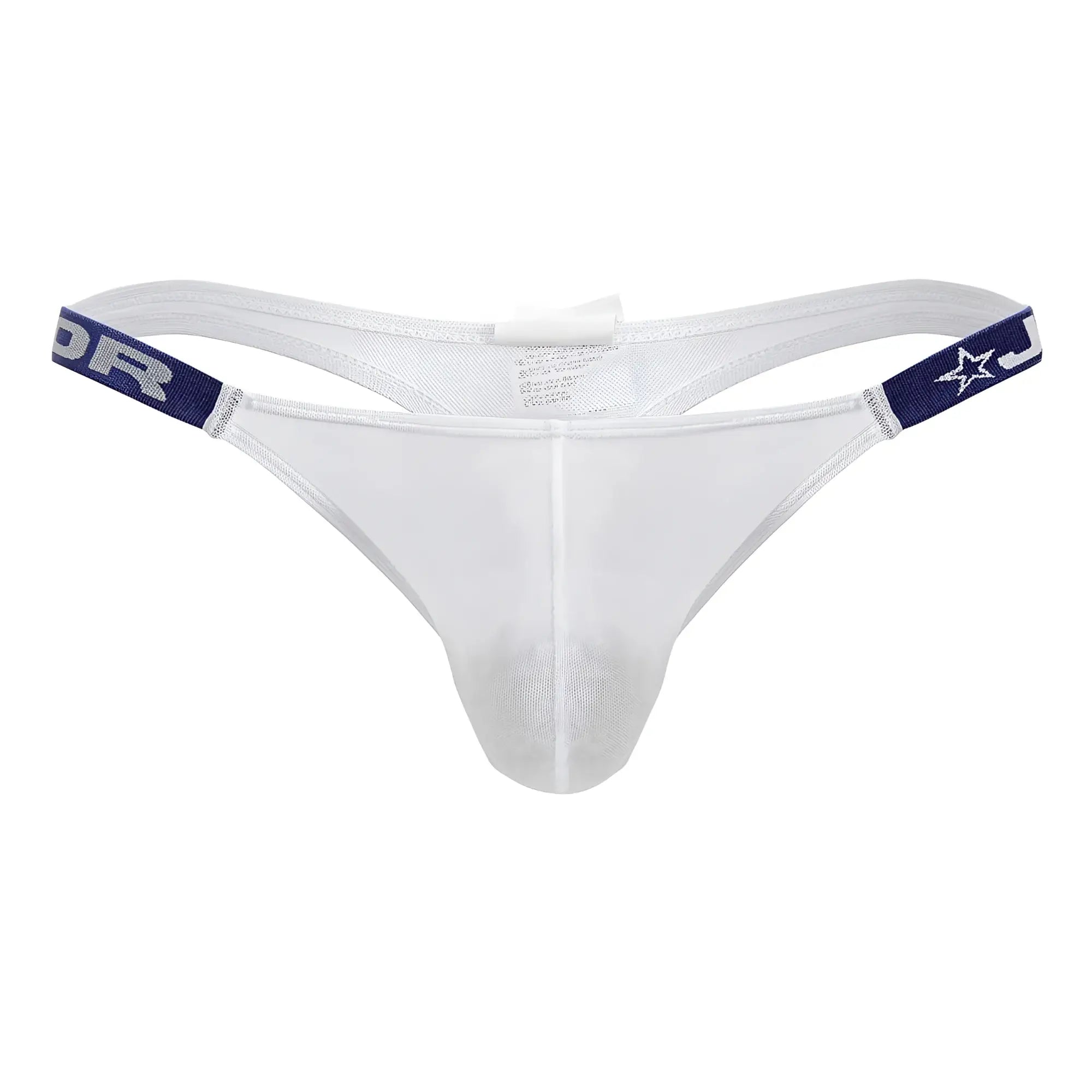 White mesh thong with navy blue elastic waistbands featuring star and lettering design from JOR 2238 Frost Thongs