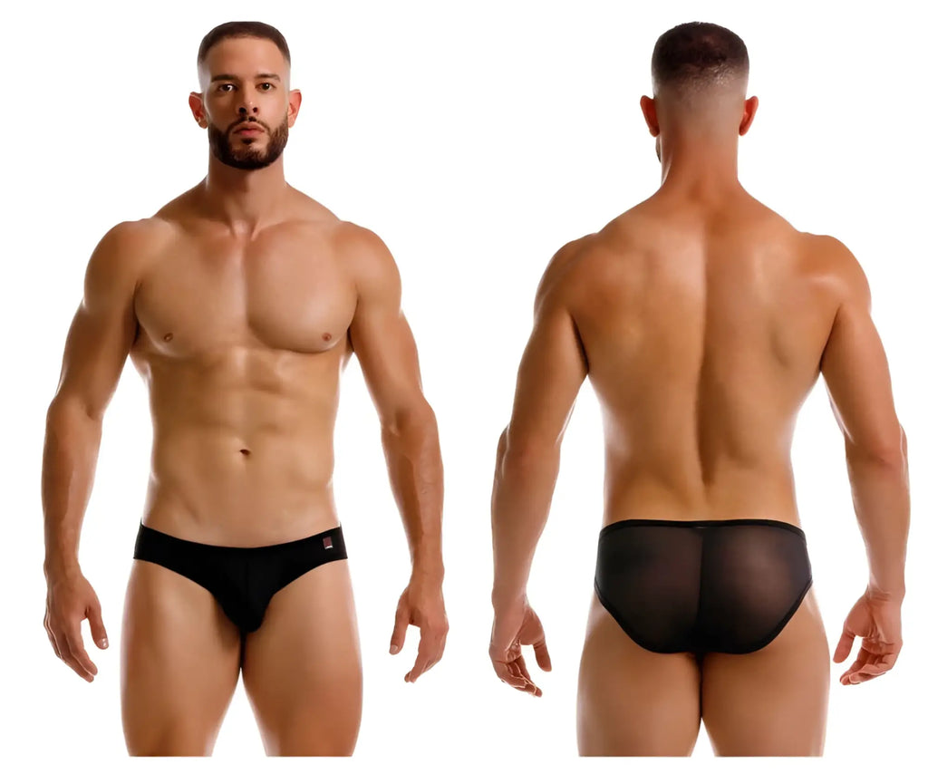 Black jor 2241 origin briefs featuring mesh fabric, solid black waistband, and a small red logo on the left side