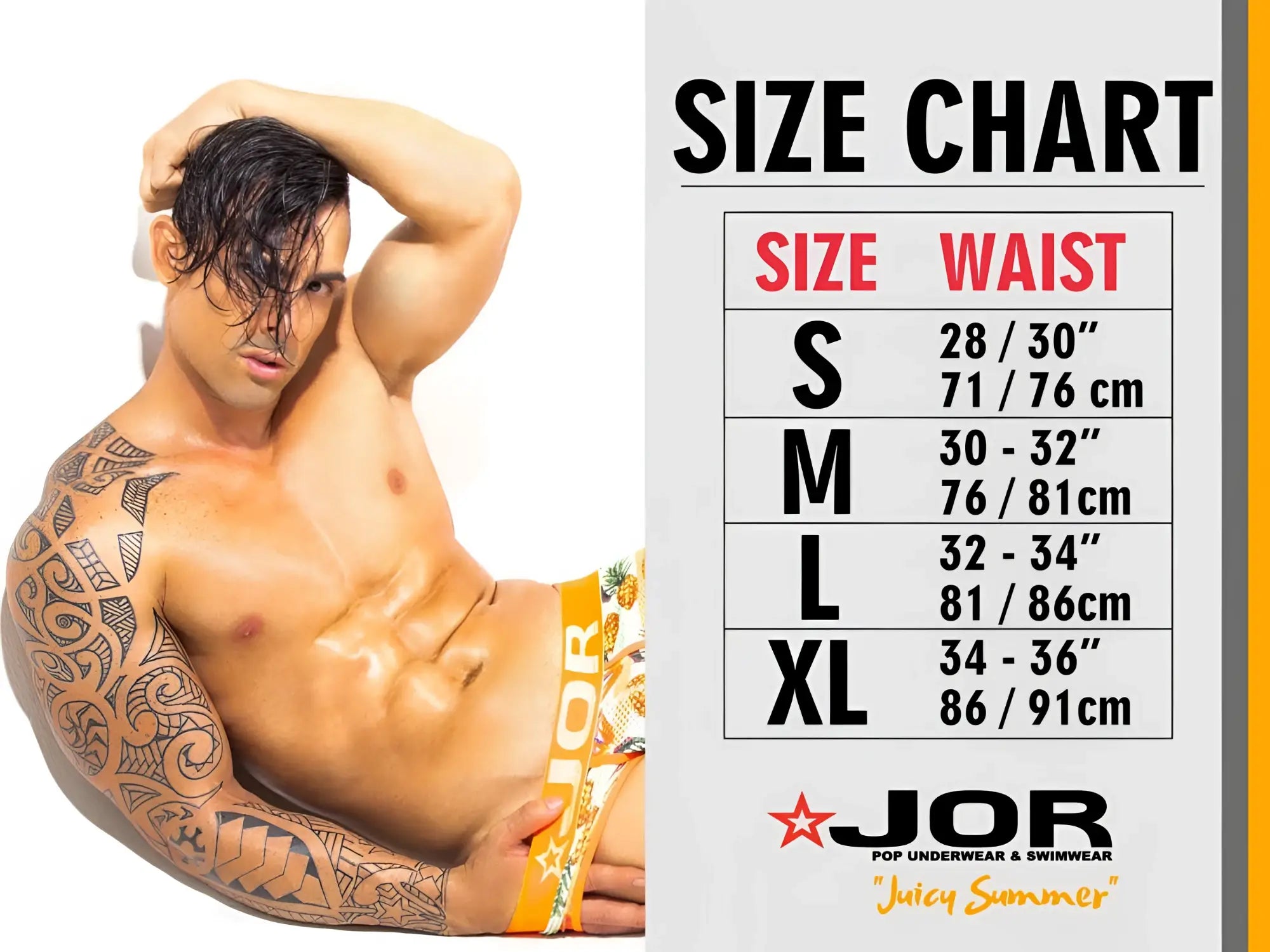 Jor 2241 origin briefs in white featuring orange and white patterned swim trunks with pineapple design