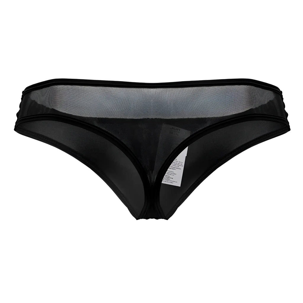 Black sheer mesh thong jor 2242 origin with solid black waistband and leg openings front view