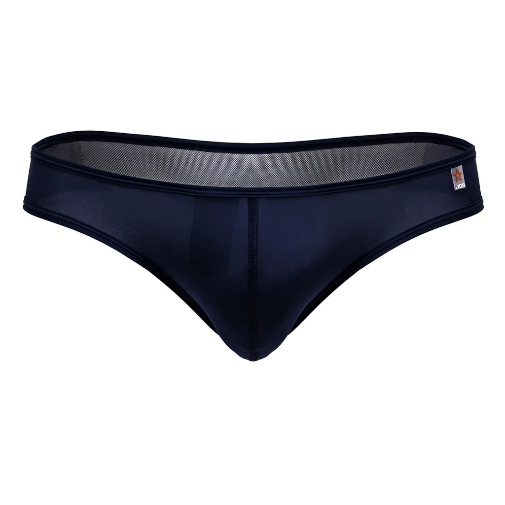 Black mesh JOR 2242 Origin thongs in blue with a smooth opaque front panel and subtle star logo on waistband