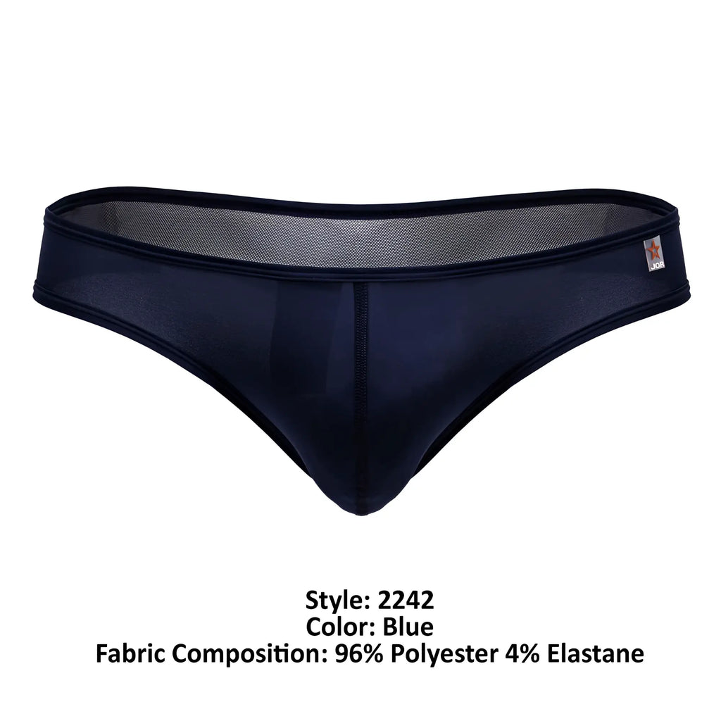 Dark blue form-fitting thong made of sheer mesh and opaque fabric blend shown from the back side