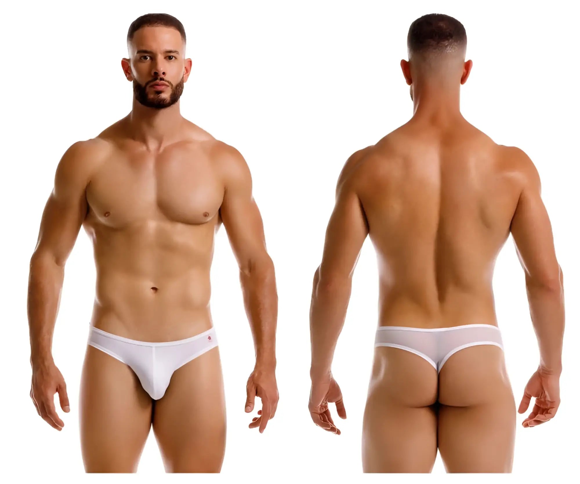 White jor 2242 origin thong briefs with a small pink logo on the left hipband made of soft fabric