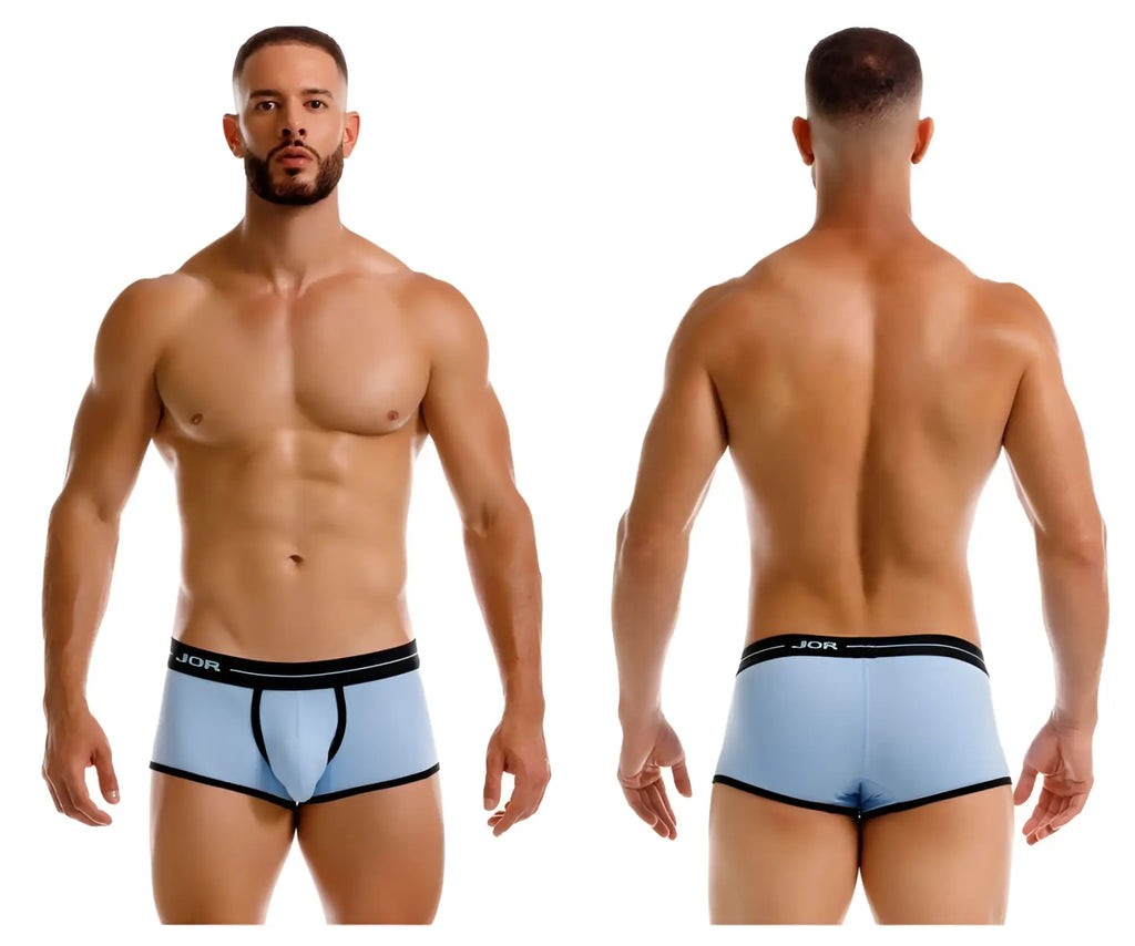 Light blue jor 2243 astra trunks boxer briefs with black trim and jor logo waistband for comfortable wear