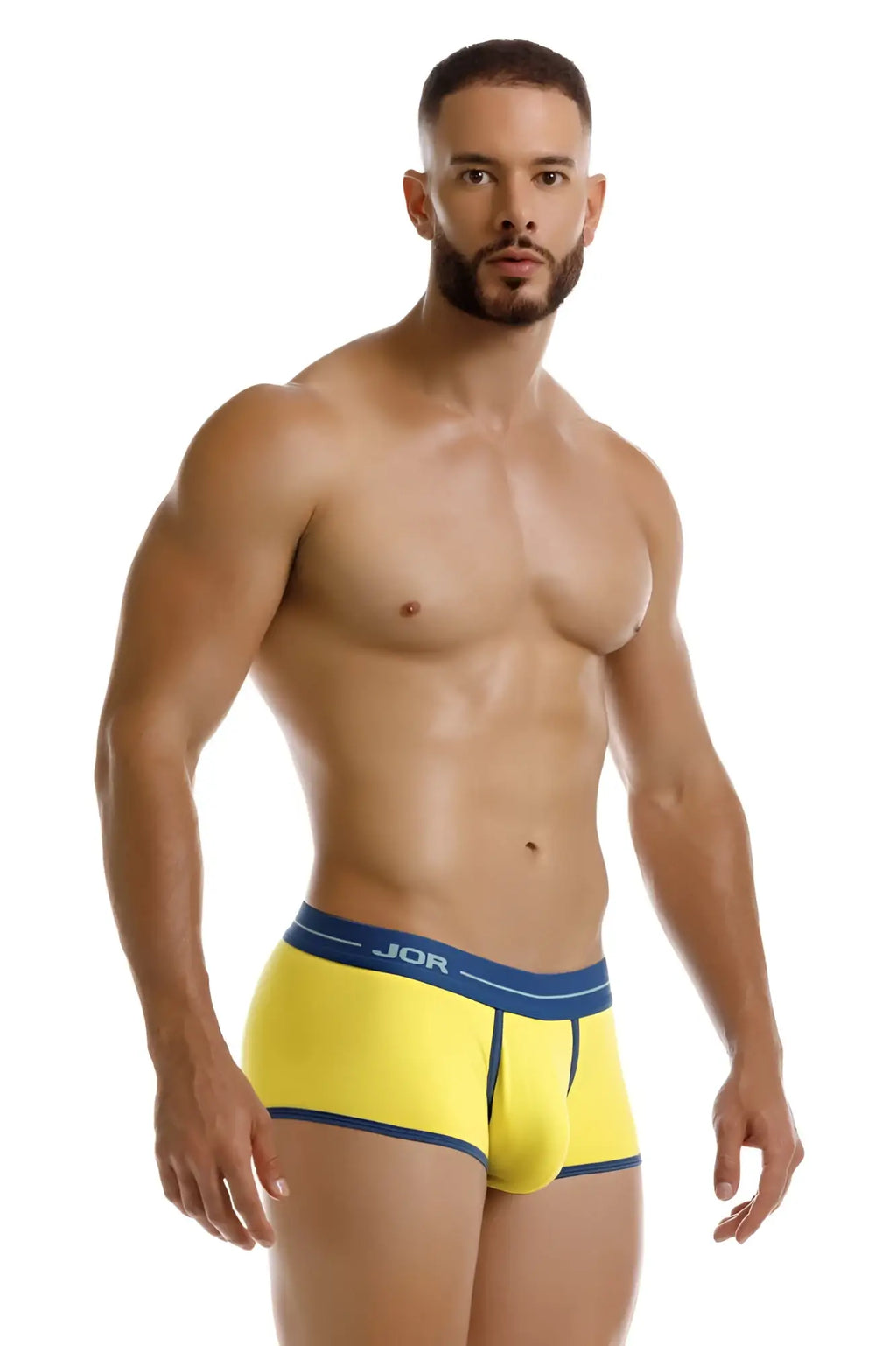 Bright yellow jor 2243 astra trunks boxer briefs with navy blue trim and waistband in a comfortable fit