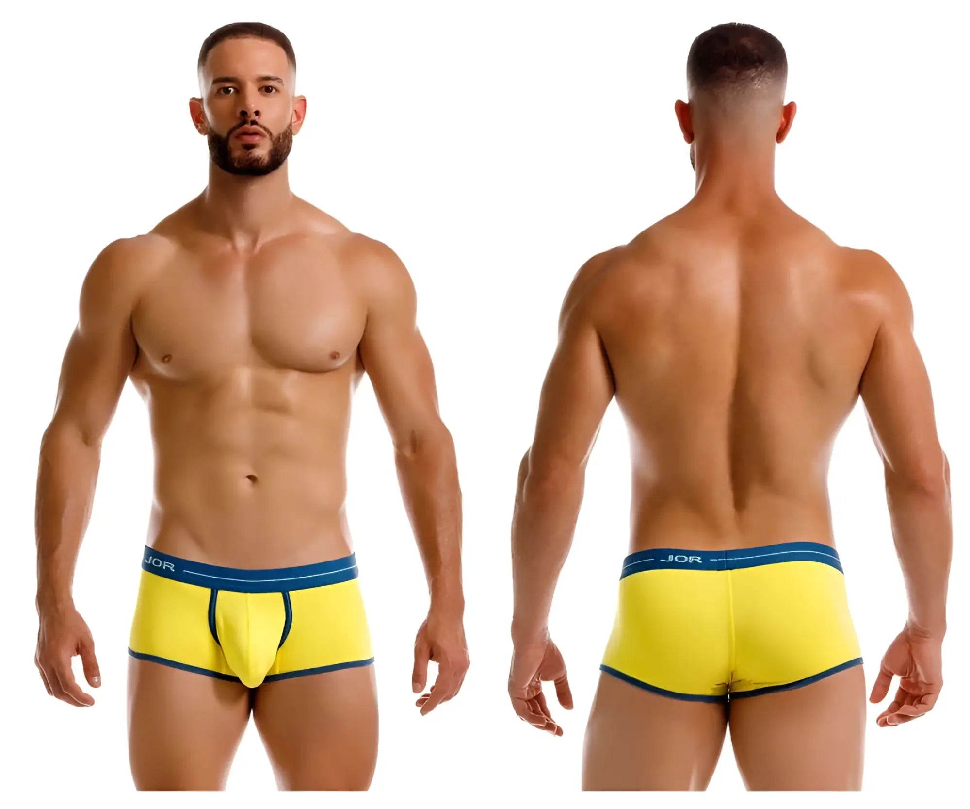 Bright yellow jor 2243 astra trunks men’s briefs with navy blue trim and waistband for comfortable wear